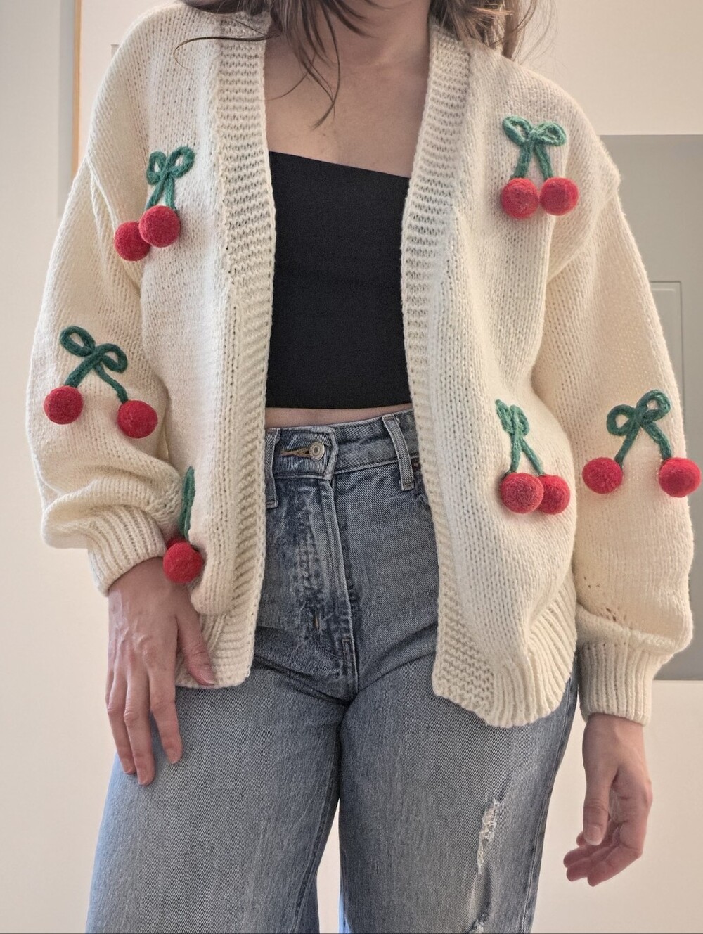 Luna Ivy Cherry Pom-pom Knit Cardigan Sweater | Cream Open Front Balloon Sleeve